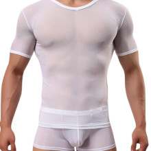(White, M) Mens Tight Sexy Transparent Gauze T-shirt