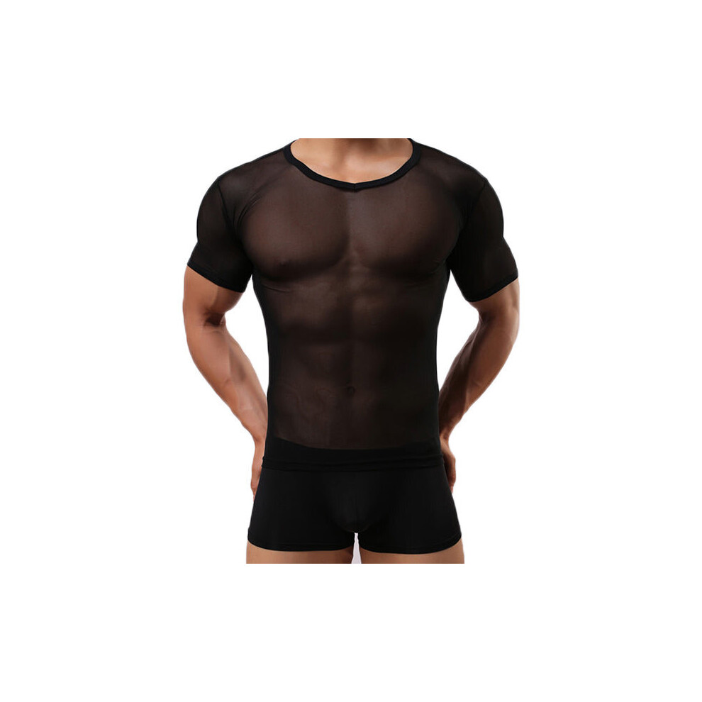 (Black, L) Mens Tight Sexy Transparent Gauze T-shirt