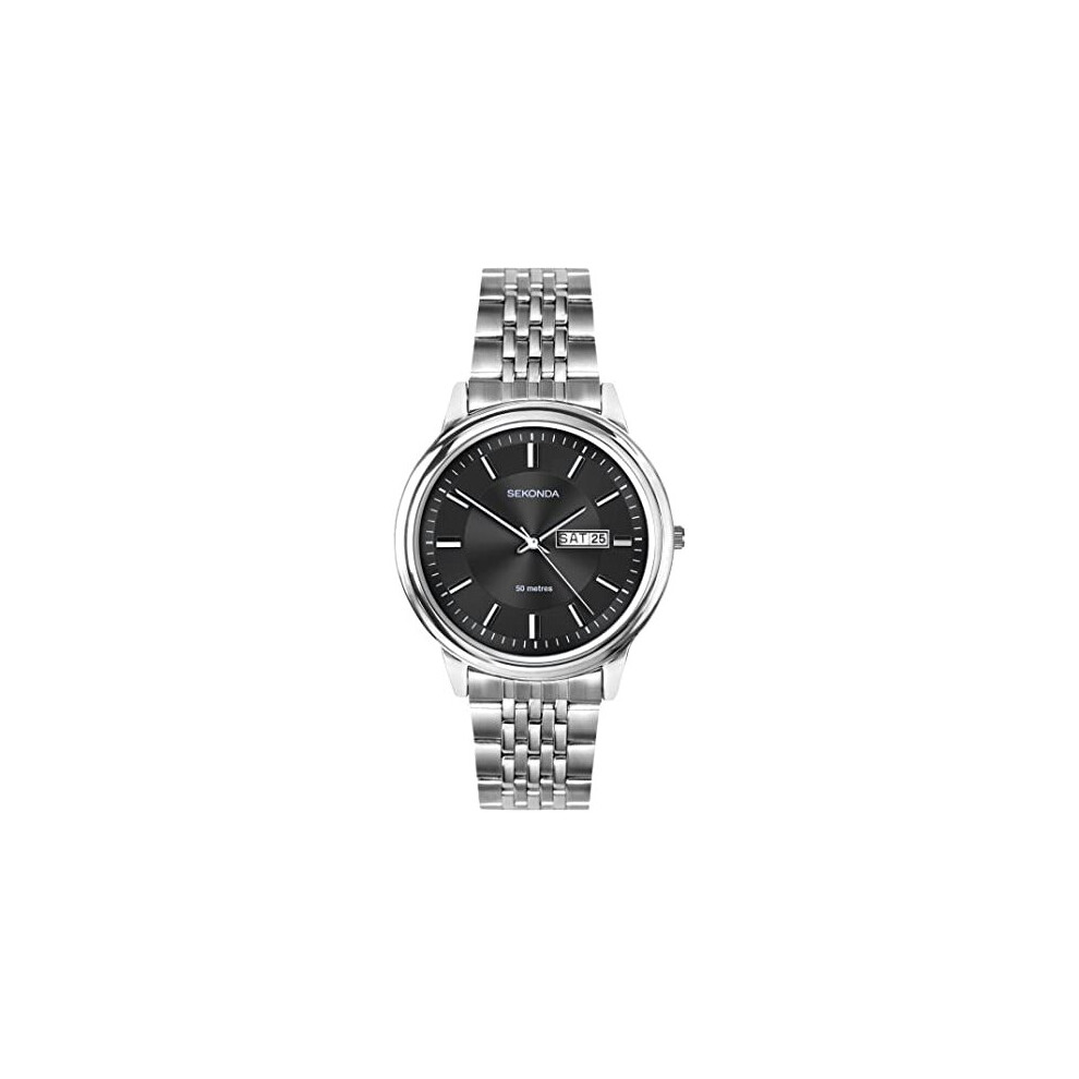 Sekonda Mens Analogue Classic Quartz Watch with Black Dial and Silver Stainless Steel Strap 1928