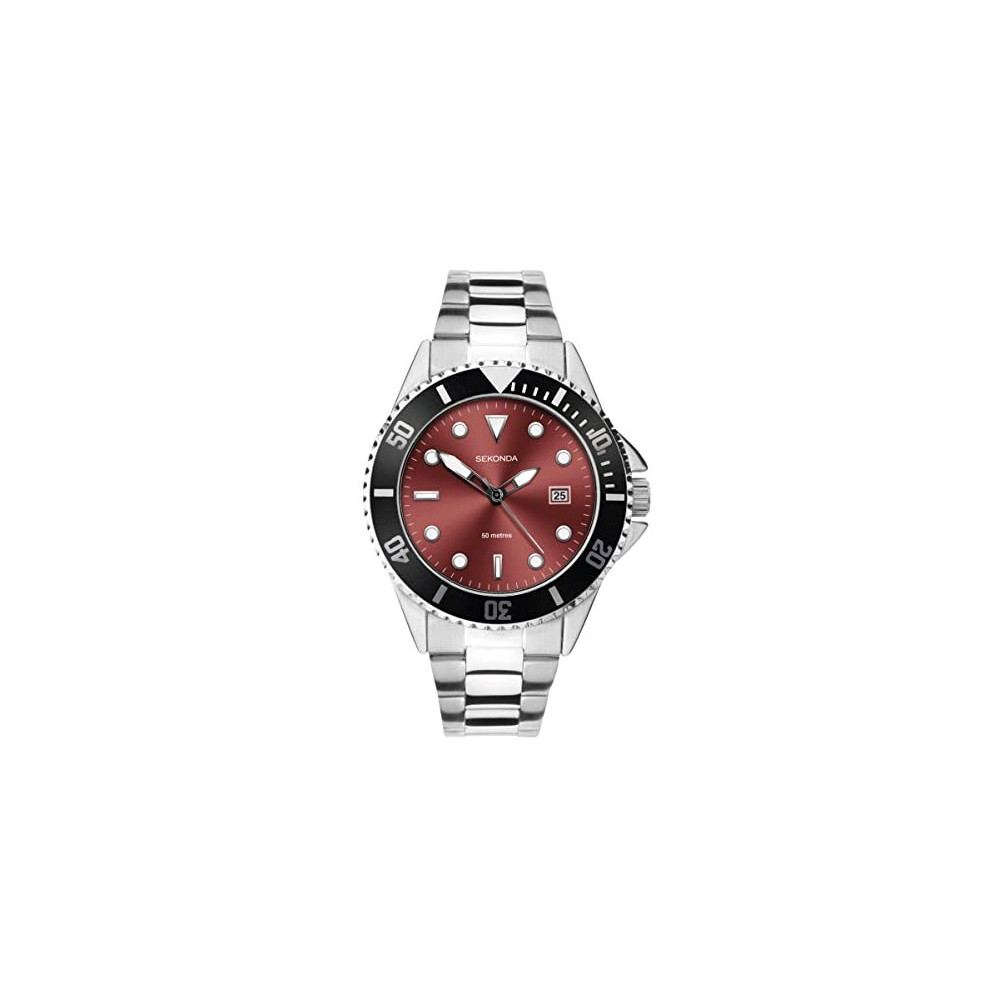 Sekonda Mens Sports Analogue Quartz Watch With Red Dial And Silver Bracelet 1923 Red,Silver