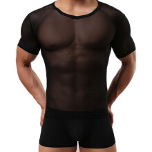 (Black, S) Mens Tight Sexy Transparent Gauze T-shirt