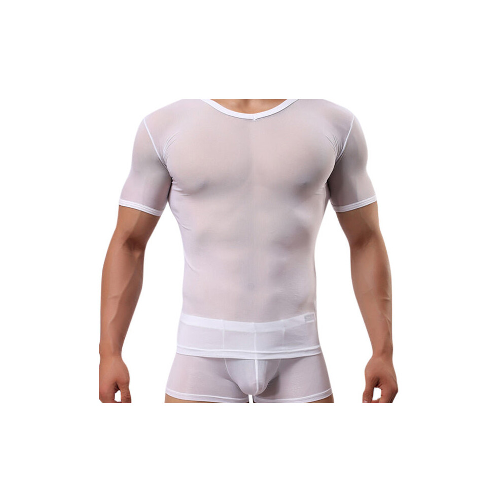 (White, L) Mens Tight Sexy Transparent Gauze T-shirt