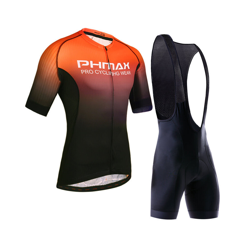 (Black Orange, Bib) Cycling Clothing Set Breathable Anti-UV Bicycle Wear Short Sleeve Jersey