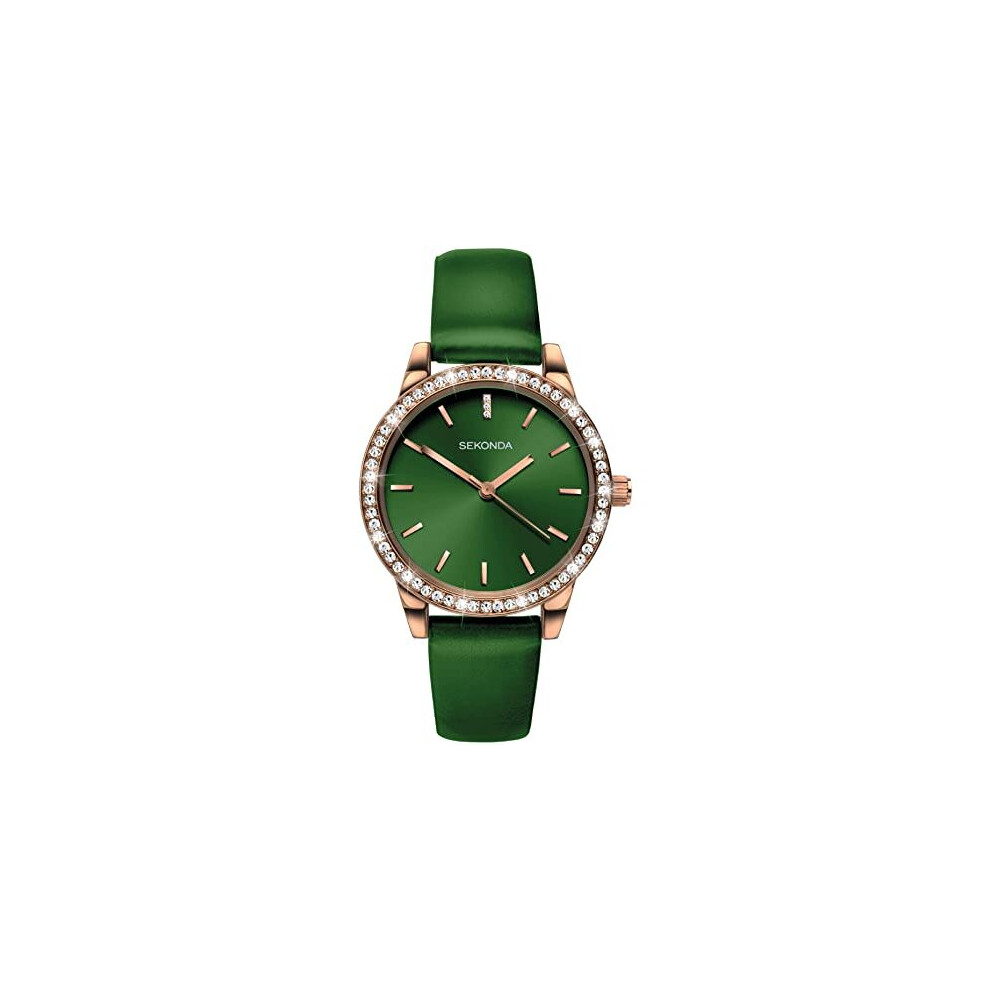 Sekonda Editions Ladies Analogue Quartz Watch with Rose Gold Case and Green Strap 40334 (note physical item it is darker than images)