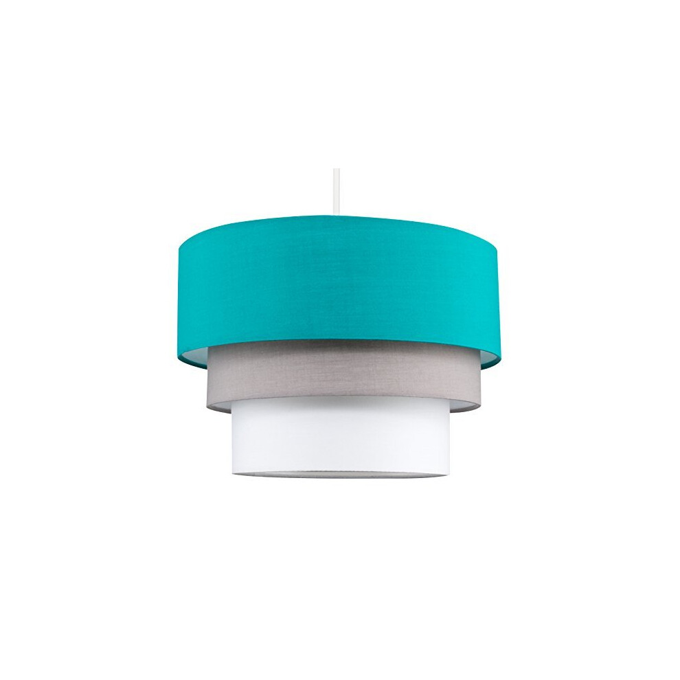 Beautiful Round Modern 3 Tier Turquoise Teal, Grey and Taupe Fabric Ceiling Designer Pendant Lamp Light Shade