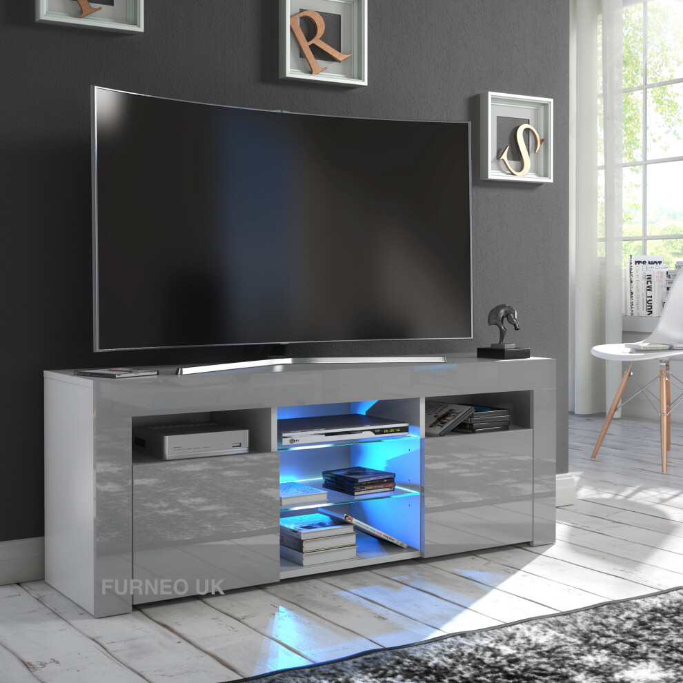 Furneo (Blue Led Lights) Tv Stand 120Cm Unit Cabinet Gloss & Matt Puzzog Led Lights Grey