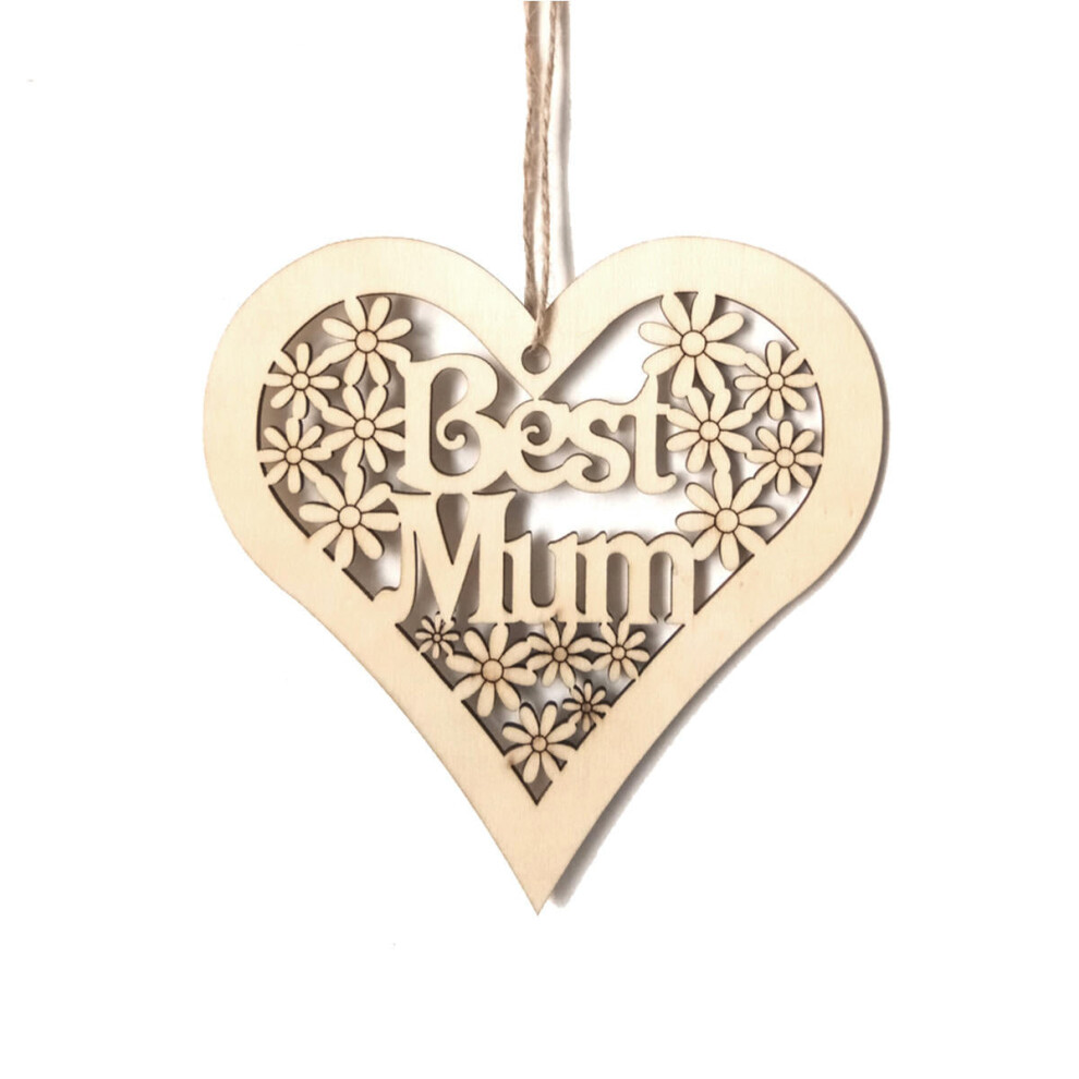 (Love) 10cm Wooden Plaque Mum Heart Shape Flowers Mother's Day Hanging Decorations Craft Gift