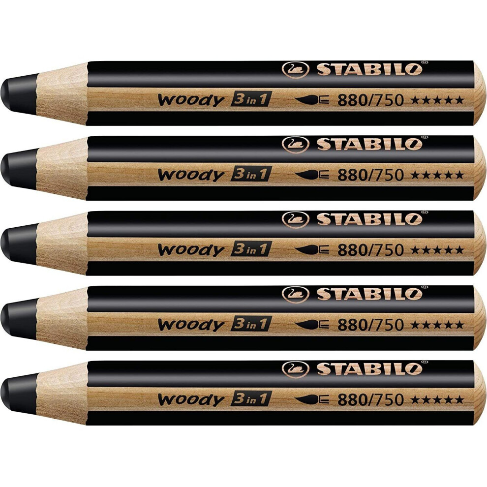 Stabilo Woody 3 in 1 Multi-Talented Jumbo Pencils - Black - Pack of 5 - 880/750