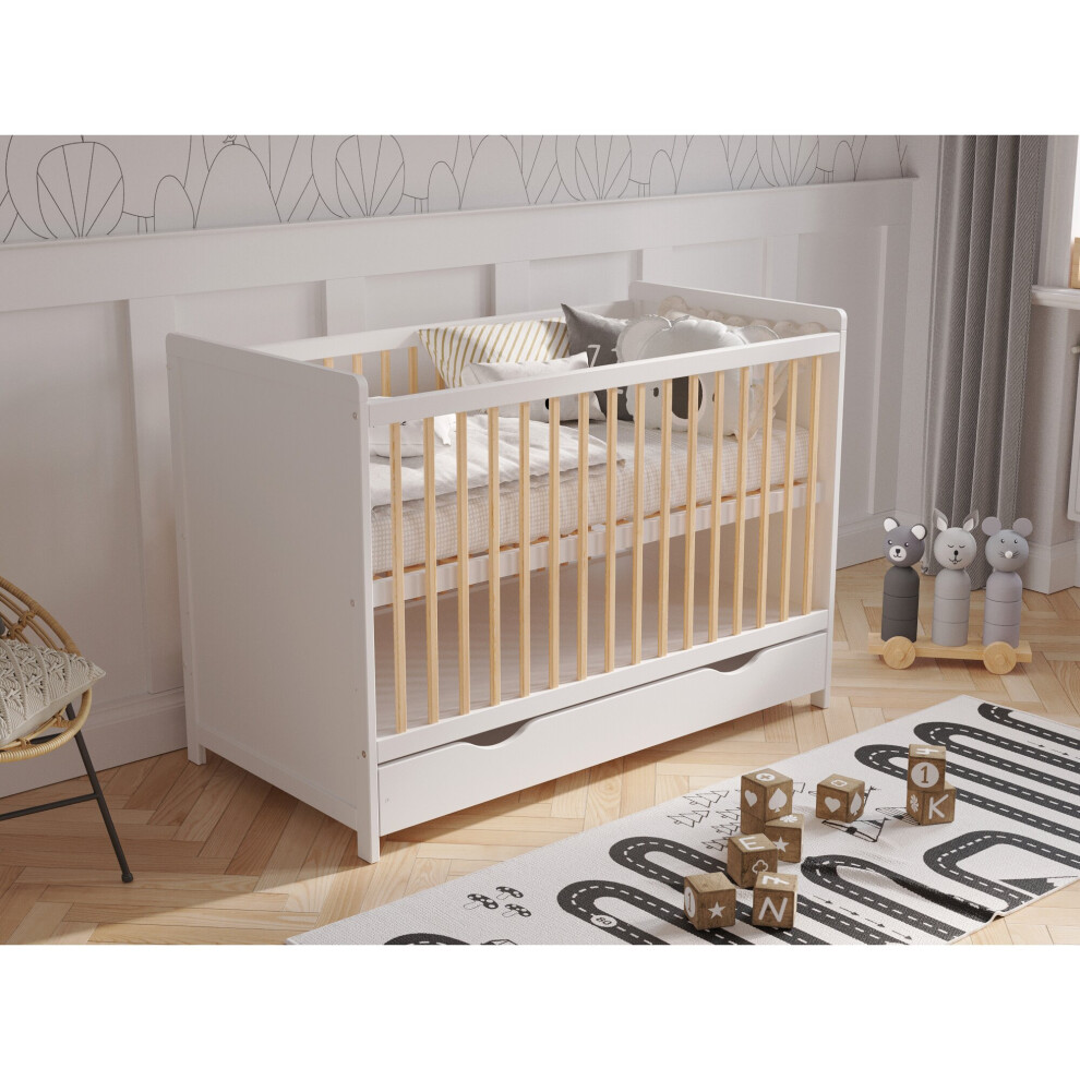 (White/Pine) Tokyo | Baby Cot Bed 120x60cm with Deluxe Aloe Vera Mattress