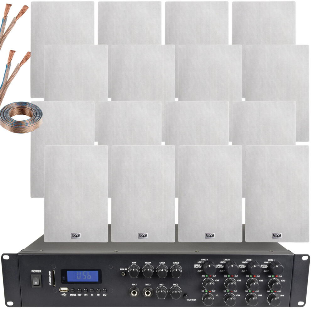 Loops 2200W Bluetooth Sound System & 16X 140W In Wall Speakers - 8 Zone Multi Room Amp