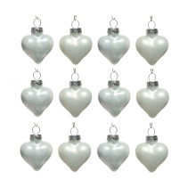 Set of 12 Mini Glass Heart Baubles - Winter White 4.5cm (Gloss & Matt Finish)
