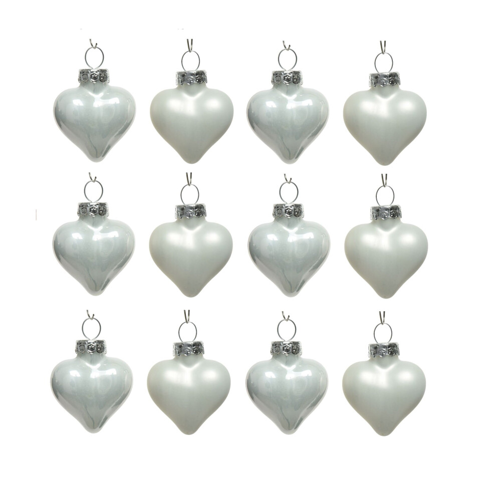 12 Mini Heart Shape Bauble Real Glass Winter White 4.5cm