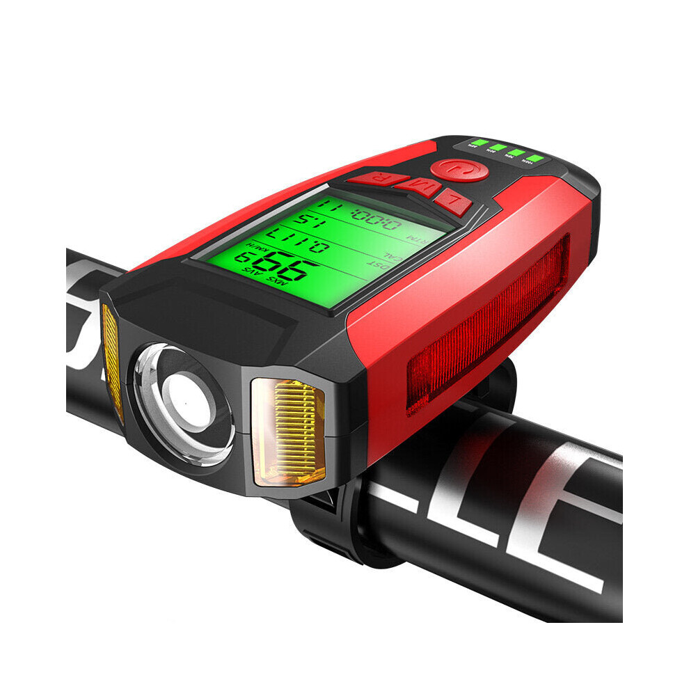 (Red) Bike Light + USB Horn Lamp + Speed Meter LCD Screen 5-Modes Waterproof