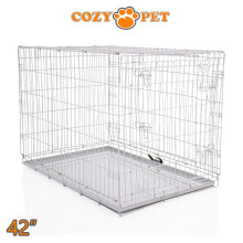 Cozy Pet 42in Grey Dog Cage DC42G - Metal Tray, 2 Doors with Latches, Folds Flat, Carry Handle