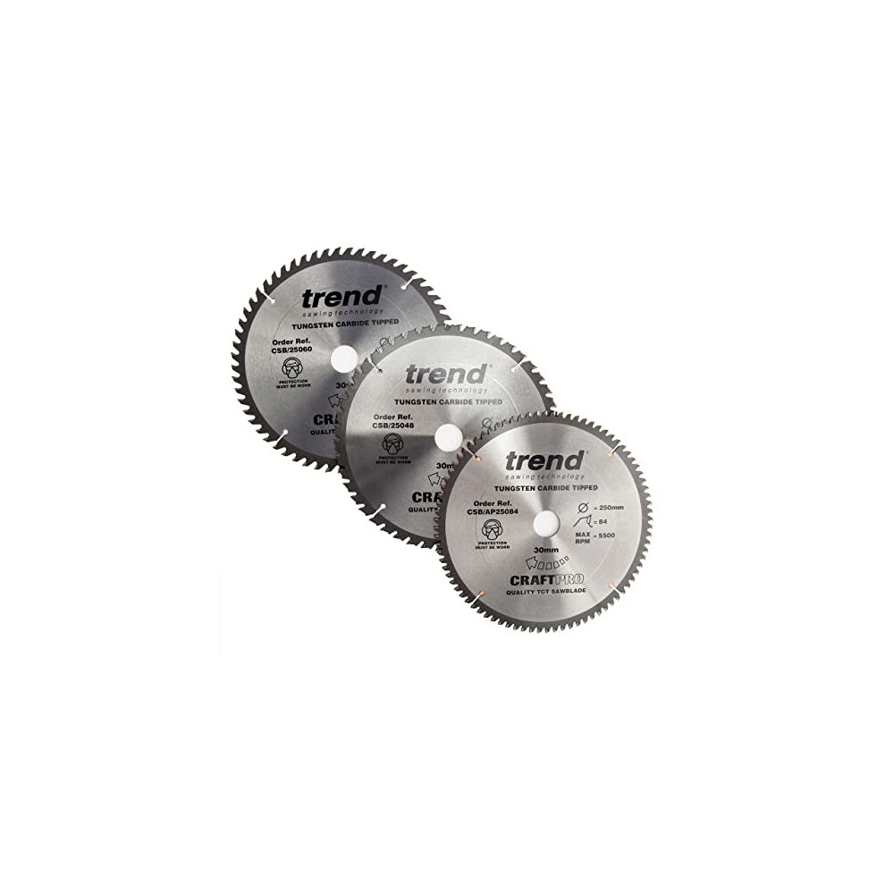 Trend TRECSB250P3 CraftPro Table Saw Blade 250 x 30mm x 48T/60T/84T (Pack 3)