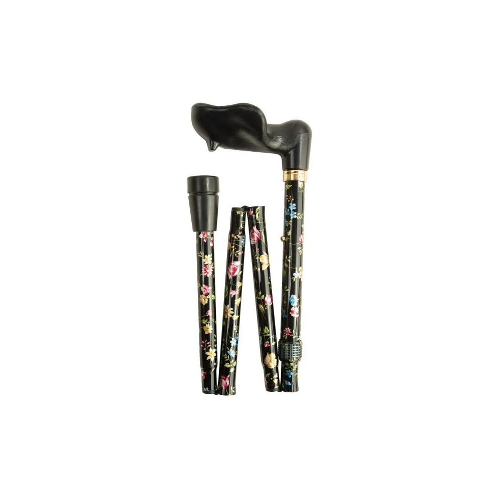 Anatomical Black Floral Folding Walking Cane - Left Handed