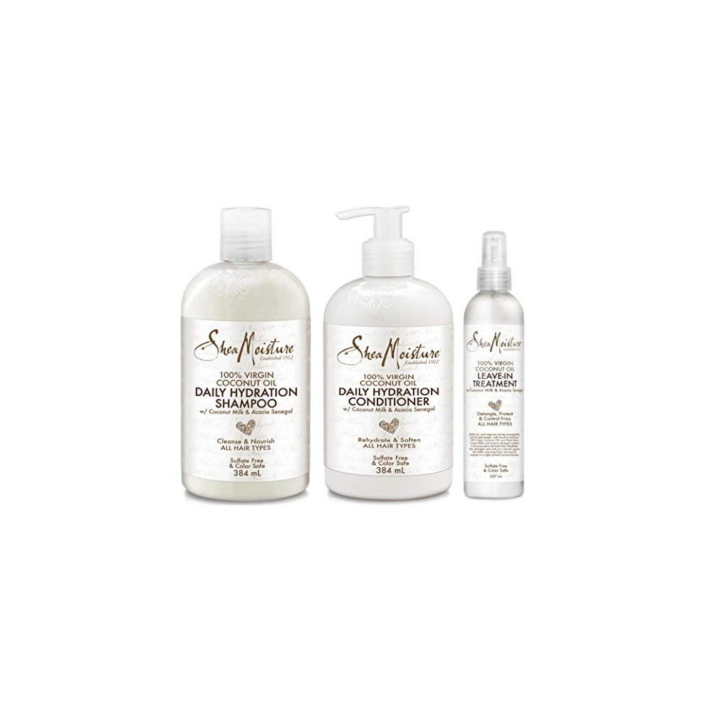 100% Virgin Coconut Oil TRIO BUNDLE| Daily Hydration Conditioner 13 Oz, Daily Hydration Shampoo 13 Oz & Leave-in Treatment 8 Oz by Shea Moisture