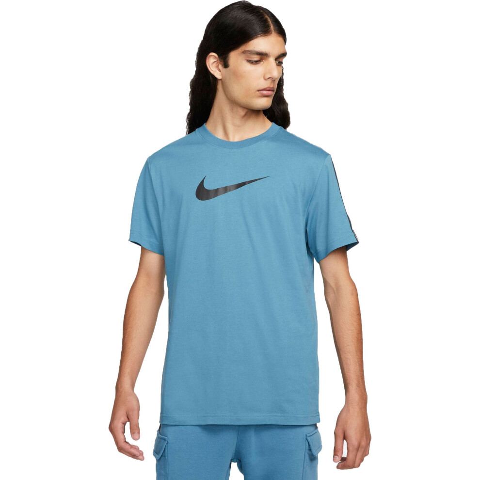 (DM4685-415 Nike Mens T Shirt Storm Blue XL) Nike Mens Repeat T Shirt Club Swoosh Classic Logo Crew Neck Tee