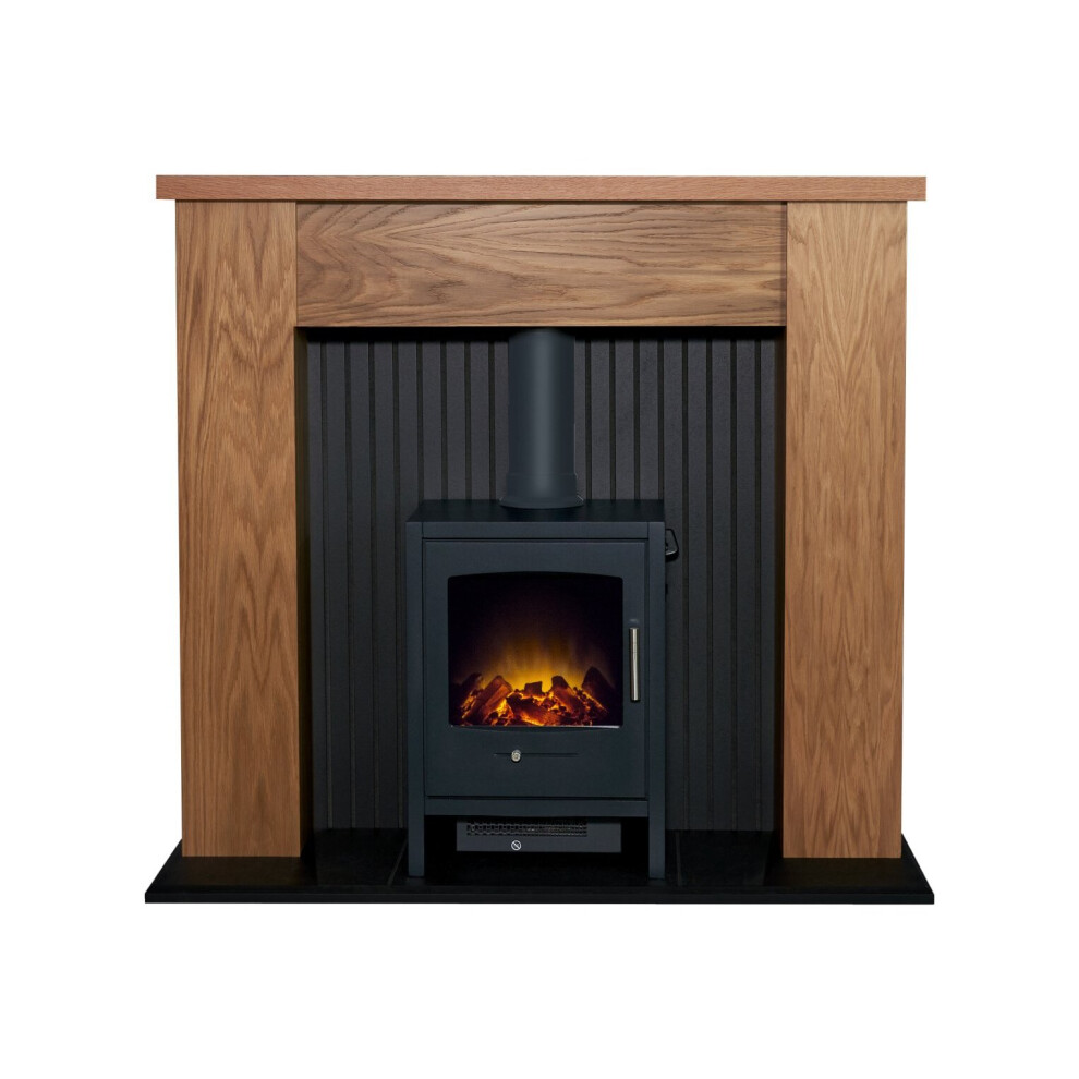 Adam New England Stove Fireplace Oak & Black + Bergen Electric Stove Charcoal Grey, 48"