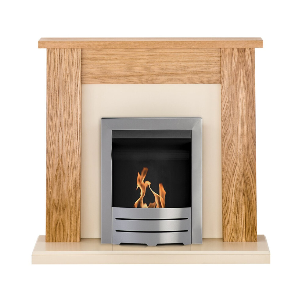Adam New England Fireplace Suite Oak + Colorado Bio Ethanol Fire Brushed Steel, 48
