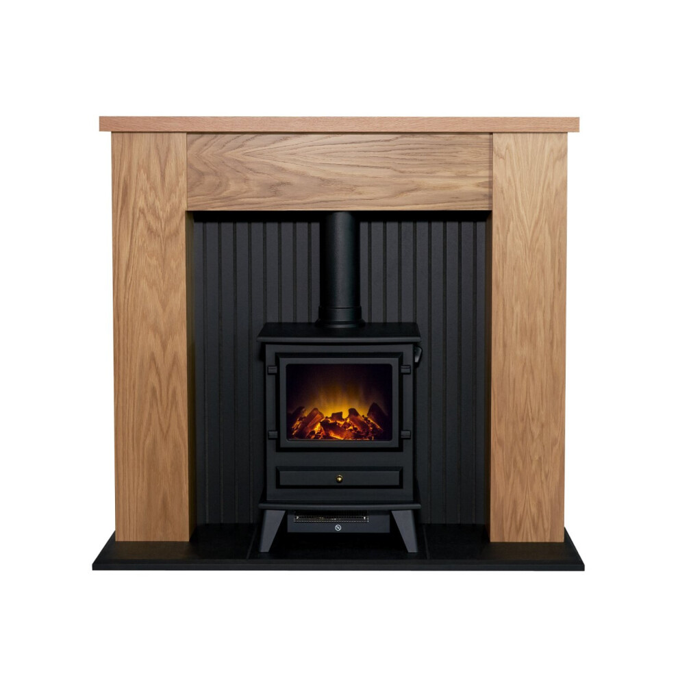 Adam New England Stove Fireplace Oak & Black + Hudson Electric Stove Black, 48"