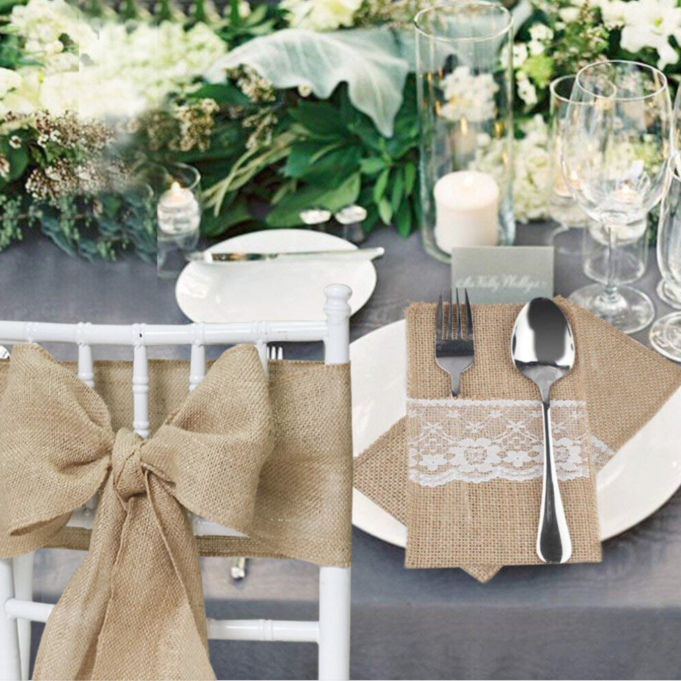 (Jute, 100 chair sash+100 cutlery holder) Time to Sparkle Hessian Chair Sash with Hessian Lace Cutlery Holder Wedding Decor Burlap Rustic Vintage Shab-image-OPC-P9RGJ52-NEW
