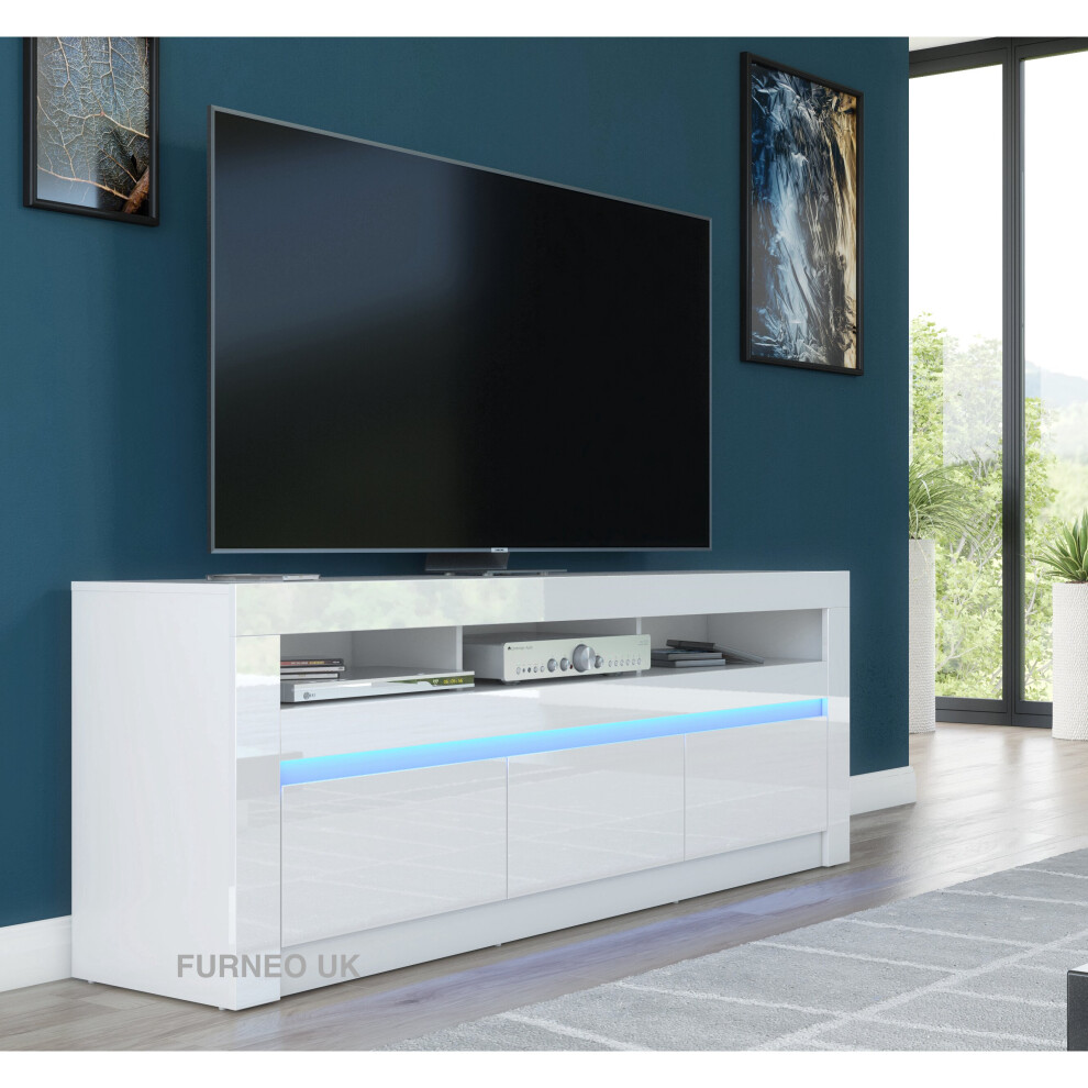 (RGB (multicoloured) LED Lights) White TV Stand 157cm Unit Cabinet Gloss & Matt Carino 01 LED Lights