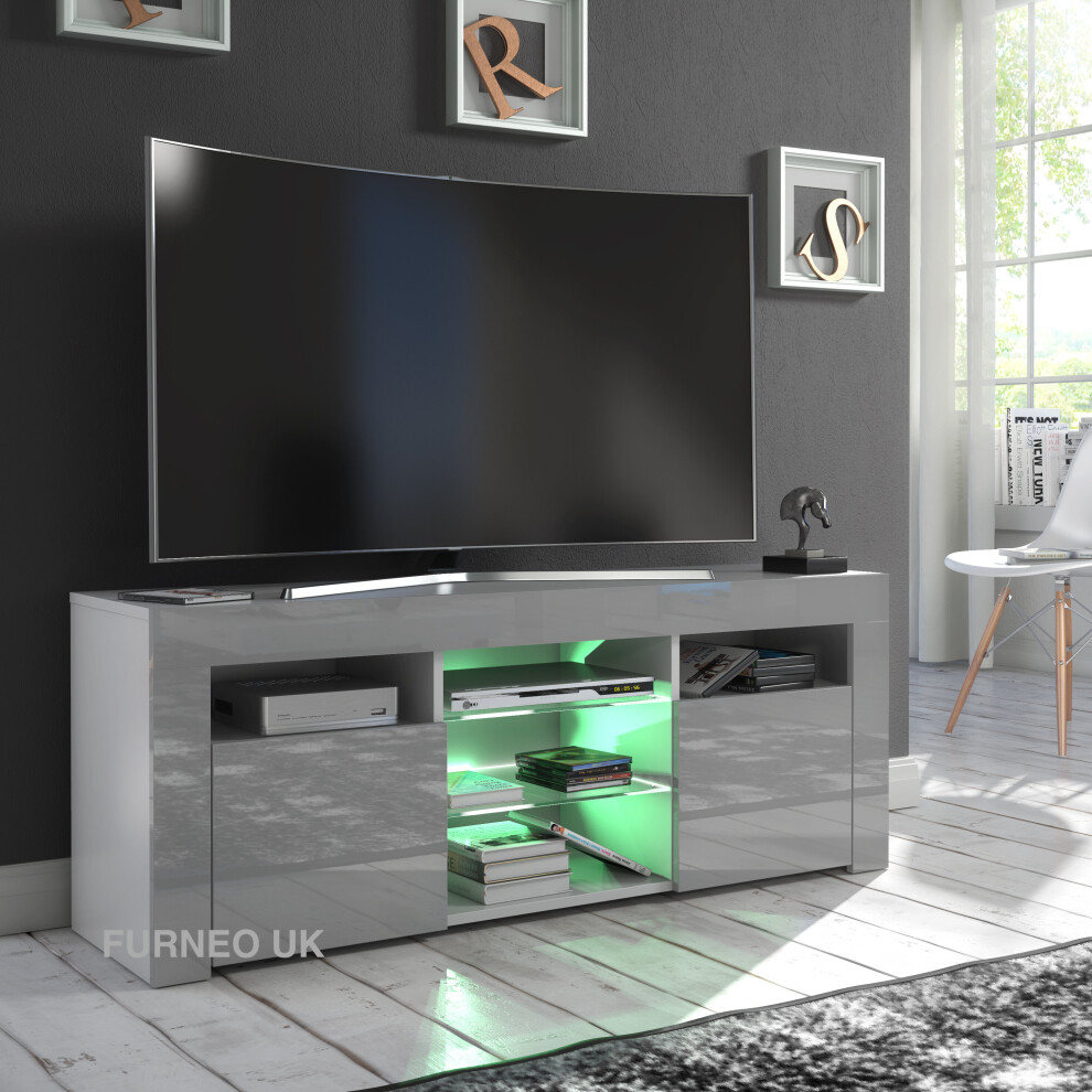 (RGB (multicoloured) LED Lights) Grey TV Stand 120cm Unit Cabinet Gloss & Matt PuzzoG LED Lights