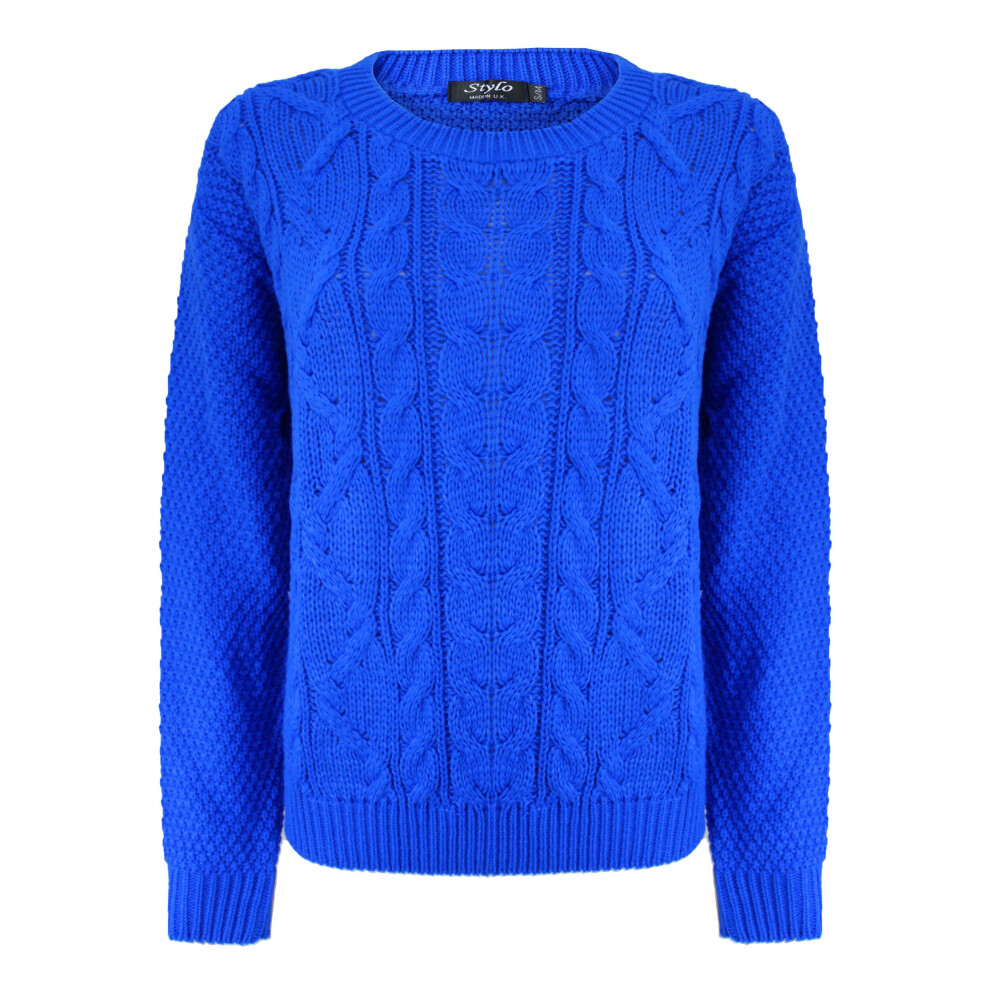 (L-XL, Royal Blue) New Ladies Women Knitted Crew Neck Long Sleeve Cable Knit Jumper Sweater