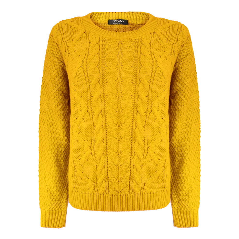 (M-L, Mustard) New Ladies Women Knitted Crew Neck Long Sleeve Cable Knit Jumper Sweater