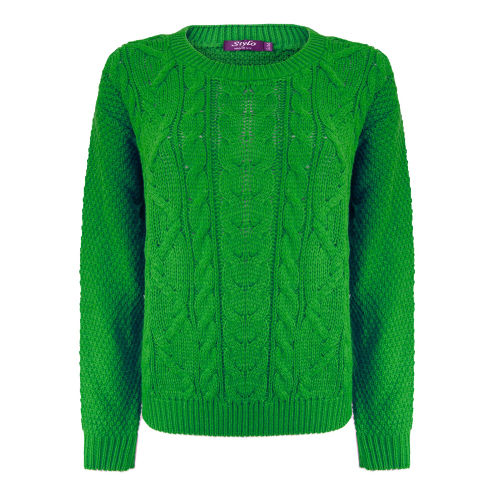 (M-L, Jade Green) New Ladies Women Knitted Crew Neck Long Sleeve Cable Knit Jumper Sweater