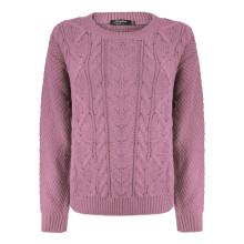 (M-L, Dusty Pink) New Ladies Women Knitted Crew Neck Long Sleeve Cable Knit Jumper Sweater