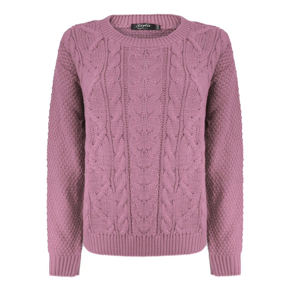 (L-XL, Dusty Pink) New Ladies Women Knitted Crew Neck Long Sleeve Cable Knit Jumper Sweater