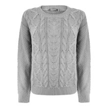 (S-M, Silver Grey) New Ladies Women Knitted Crew Neck Long Sleeve Cable Knit Jumper Sweater