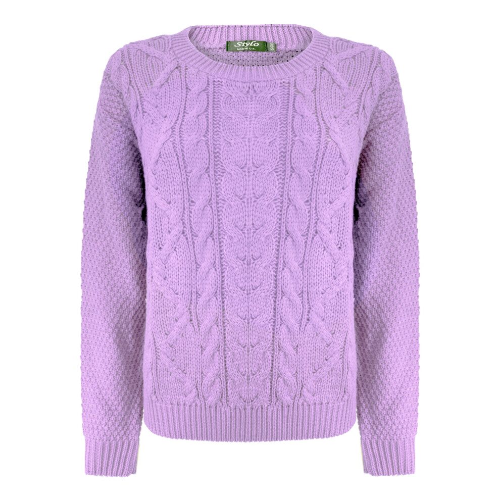 Generation Fashion (S-M, Lilac) New Ladies Women Knitted Crew Neck Long Sleeve Cable Knit Jumper Sweater