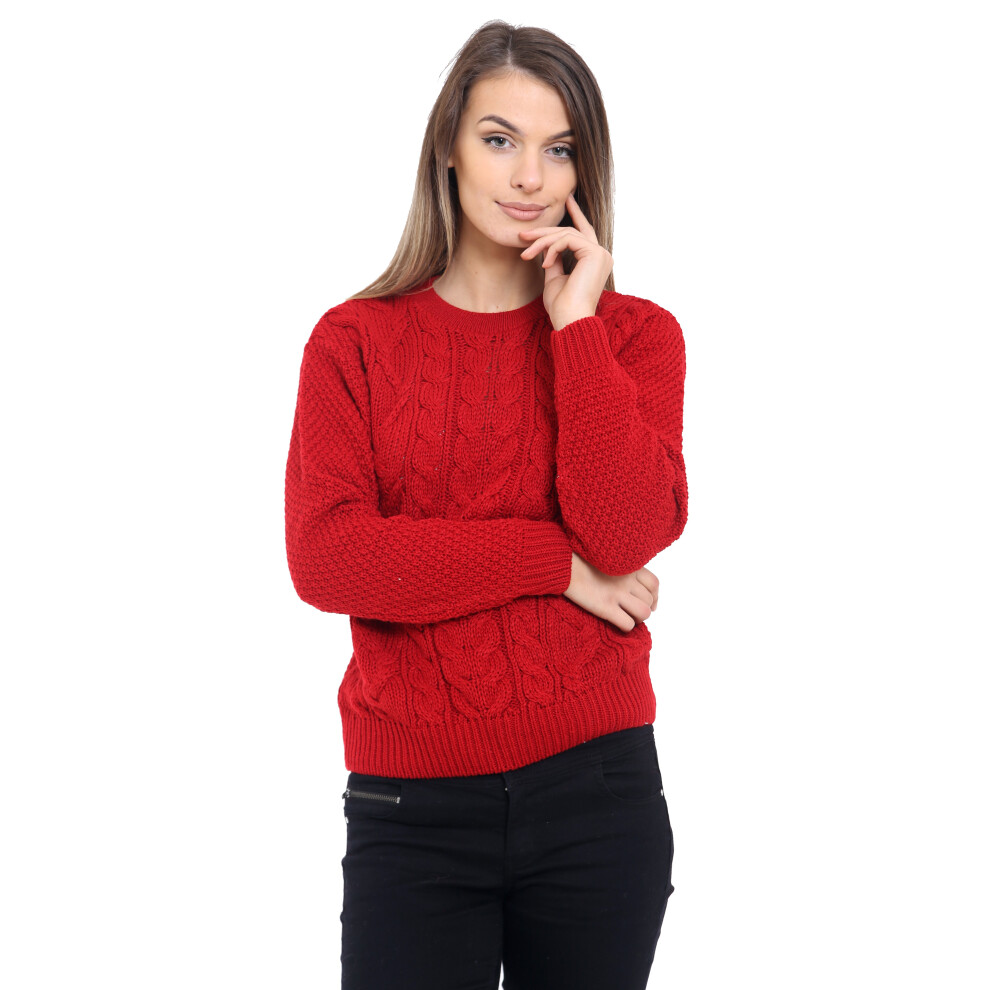 (M-L, Red) New Ladies Women Knitted Crew Neck Long Sleeve Cable Knit Jumper Sweater