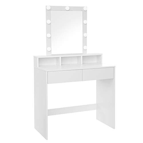 VASAGLE Dressing Table with Mirror and Light Bulbs, Makeup Table with 2