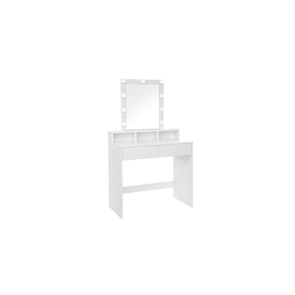 VASAGLE Dressing Table with Mirror and Light Bulbs, Makeup Table with 2 Drawers and 3 Open Compartments, Vanity Table, Modern Style, White RDT194