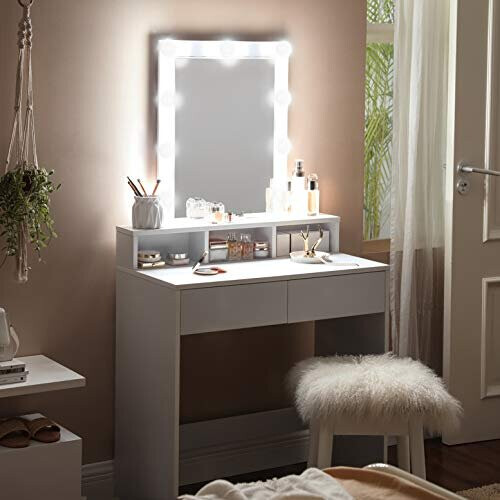 VASAGLE Dressing Table with Mirror and Light Bulbs, Makeup Table with 2