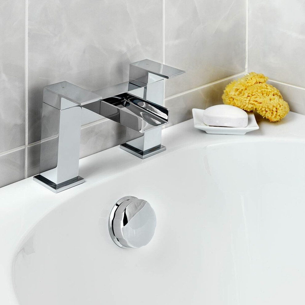 Modern Waterfall Two Hole Deck Mounted Bath Filler Tap Solid Brass Chrome