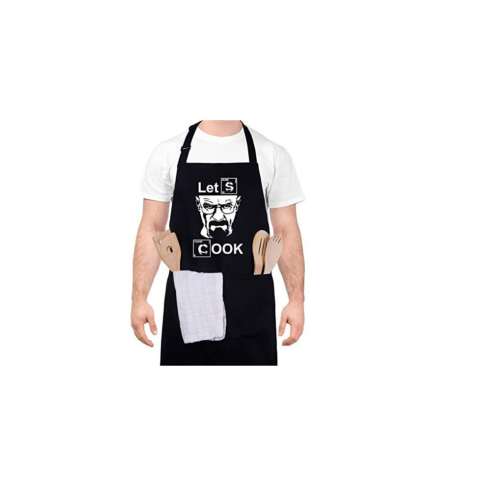 QINREN Funny Cooking Apron for Men, Funny Patterns Letters Design - Let's Cook- Professional Waterproof Apron Chef Husband Kitchen Apron with Dou