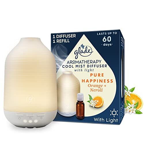 Glade Essential Oil Diffuser Holder & Refill, Cool Mist Aromatherapy Diffuser & Air Freshener for Home, Pure Happiness with Orange & Neroli Scent