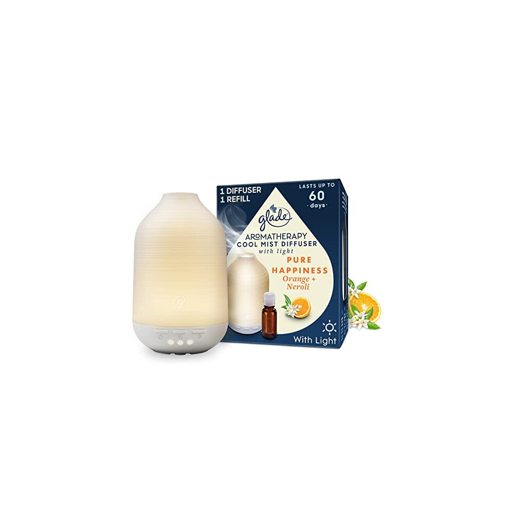 Glade Essential Oil Diffuser Holder & Refill, Cool Mist Aromatherapy Diffuser & Air Freshener for Home, Pure Happiness with Orange & Neroli Scent