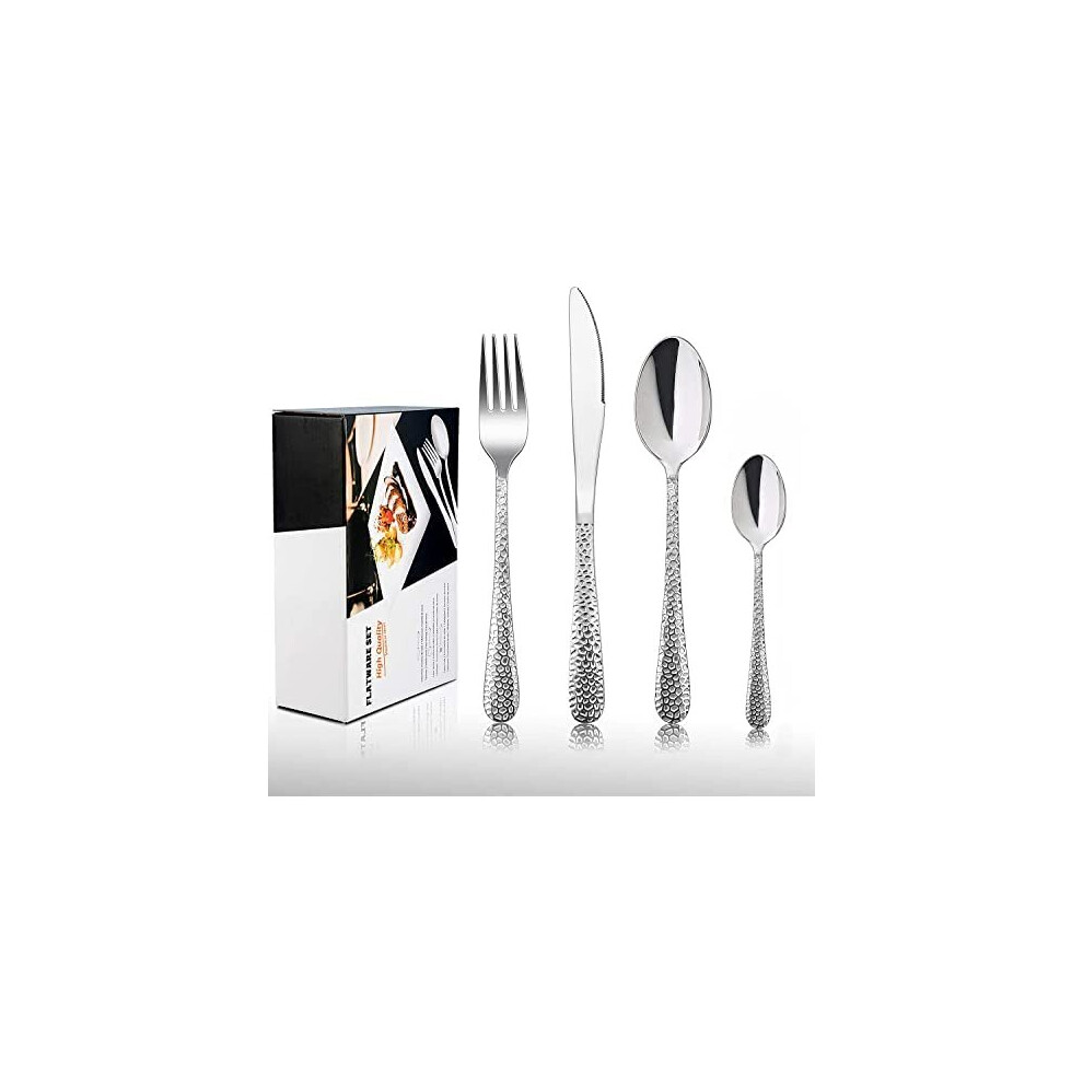 Cutlery Set, HaWare 32-Piece Stainless Steel Hammered Flatware Sets, Include Knife/Spoon/Fork, Suitable for Kitchen Party Camping, Mirror Polishe
