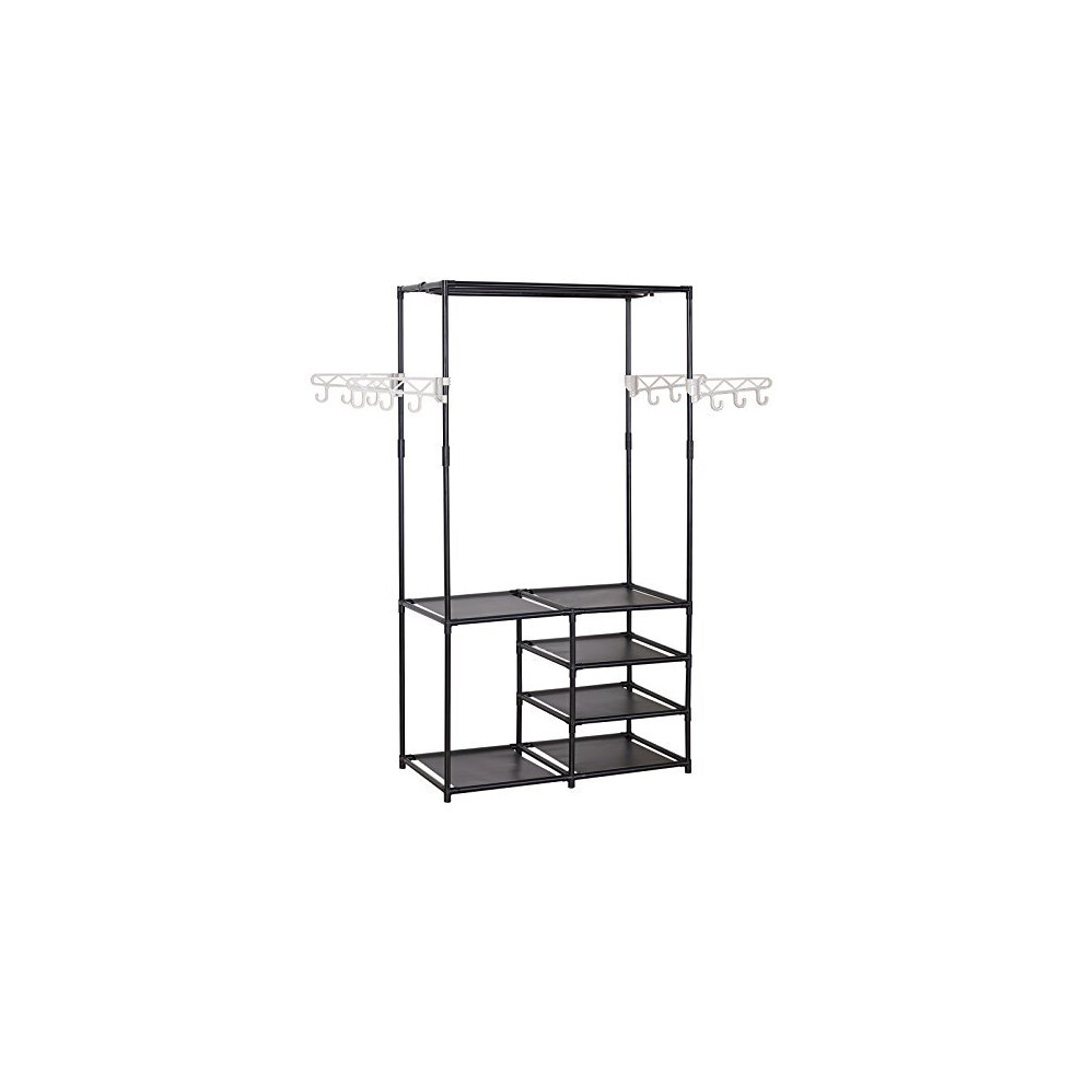 WOLTU Heavy Duty Clothing Coat Rack, Double Rail Garment Rack, 6 Tiers Shelves for Shoes Rack, 4 Hooks Hanging Shelf Black SR0028