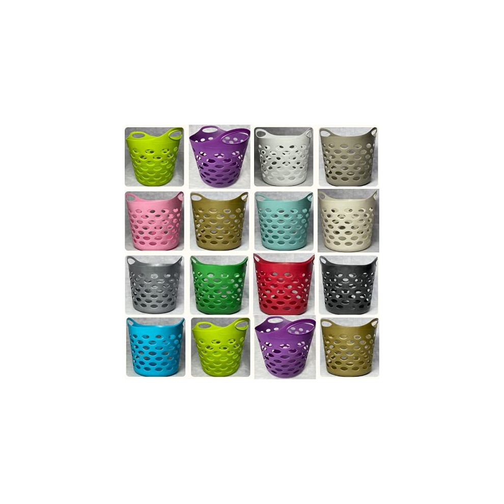 Plastic Laundry Basket With Handles Flexi Large Storage Round Hipster Hamper For Clothes Nursery & Home Organisation 13 Colours 30L (Assorted)