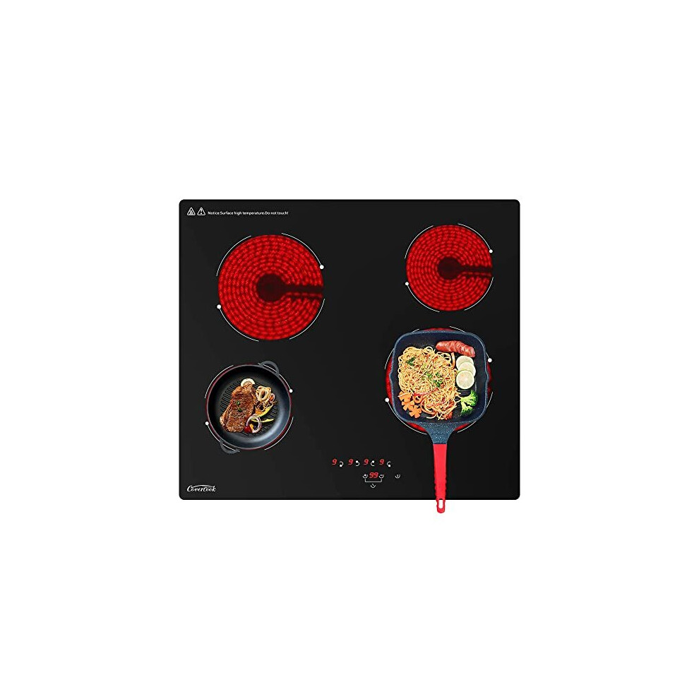 COVERCOOK Electric Ceramic Hobs 60cm Cooktop, Built in Hot Plate Black Glass Cooker Hob with 4 Cooking Zones with Touch Control, Timer, Child Loc