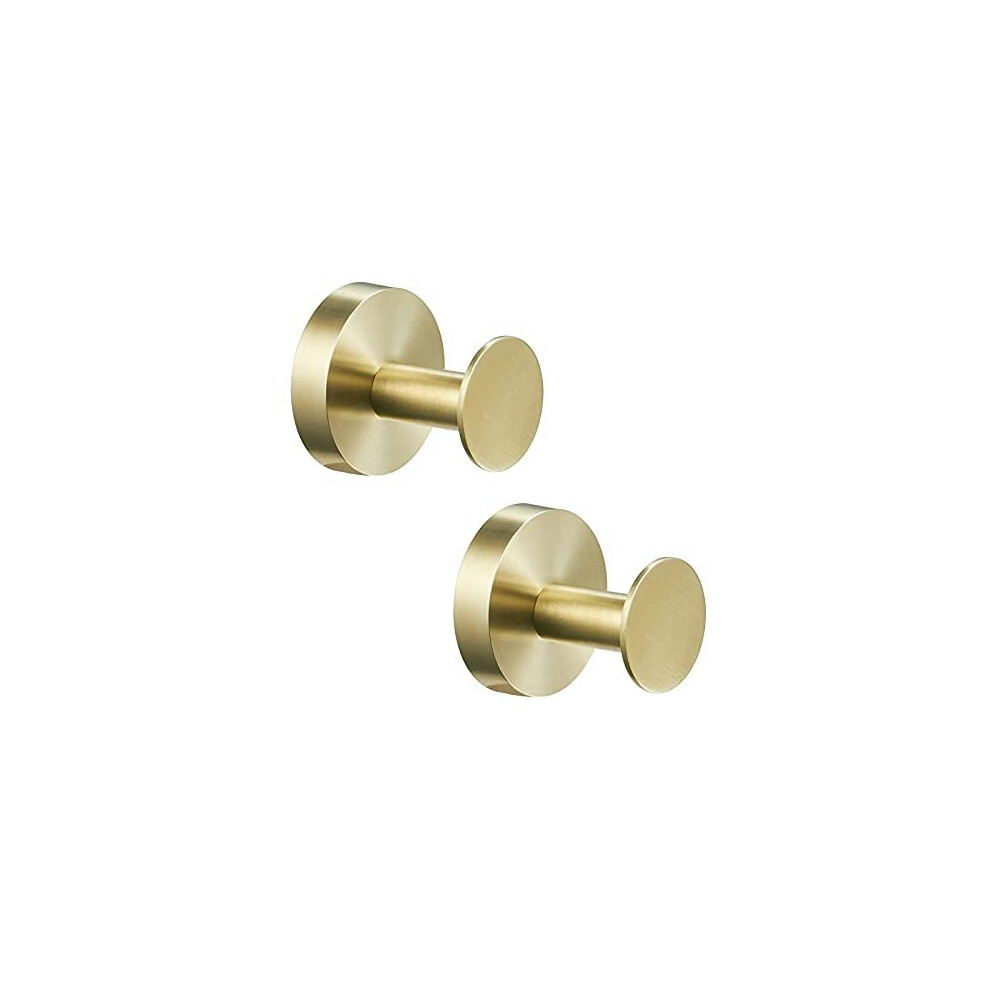 WOMAO Brass Towel Hook, Brushed Gold Coat Hook 2 Packs Round Robe Clothes Wall Hooks SUS 304 Stainless Steel Wall Mounted