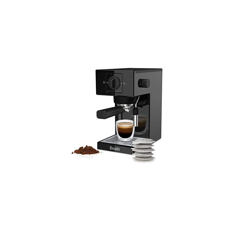 Dualit Espresso Coffee Machine | 1.4L Capacity | Black | Manual Dosing Coffee Maker| Filter Holder, Frother & Water Softener Bag Included | 84470