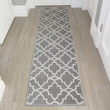 Grey and White Geometric Trellis Area Rug Runner Durable Moroccan Living Room Bedroom Lounge Hallway Rugs 60cm x 230cm